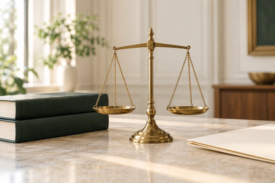 Messingwaage neben dunkelgrünen Fachbüchern als Symbol für Recht und Urteile